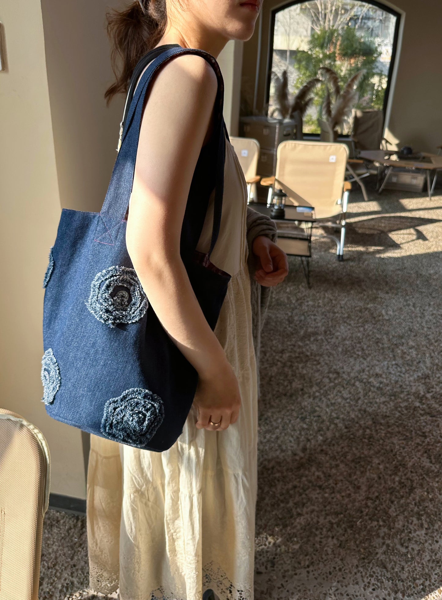 Trendy Denim Shoulder Bag with Blue Denim, Floral Frayed Denim Patches, and Gingham Lining - Casual, Stylish, Versatile Style ,Ideal for Shopping, Daily Use, and Casual Outings for Women