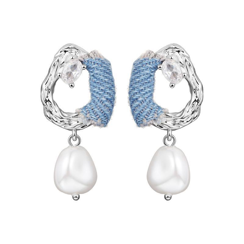 Original Denim Earrings Design with Blue Denim and Crystal Pearl Embellishments - Stylish, Elegant for Casual Outings, Special Occasions, Daily Wear, Ideal for Adding a Chic and Sophisticated Touch to Any Outfit for Women