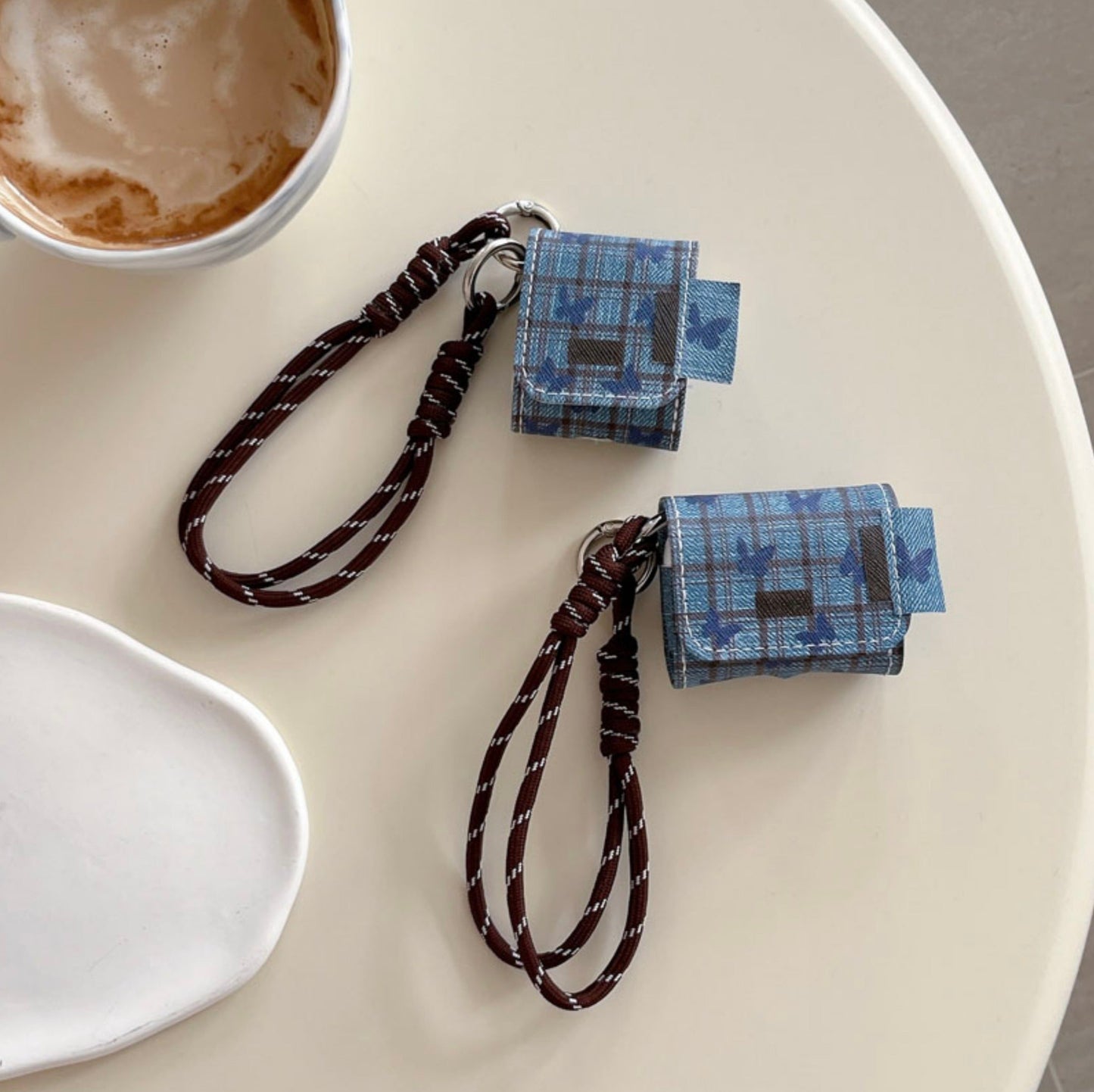 Original Denim Earphone Case with Blue Plaid Denim and Brown Rope Strap - Trendy, Protective, Functional Design for Everyday Use, Organizing, Key Storage, Ideal for Carrying Your Earphones in a Convenient and Stylish Way for Unisex