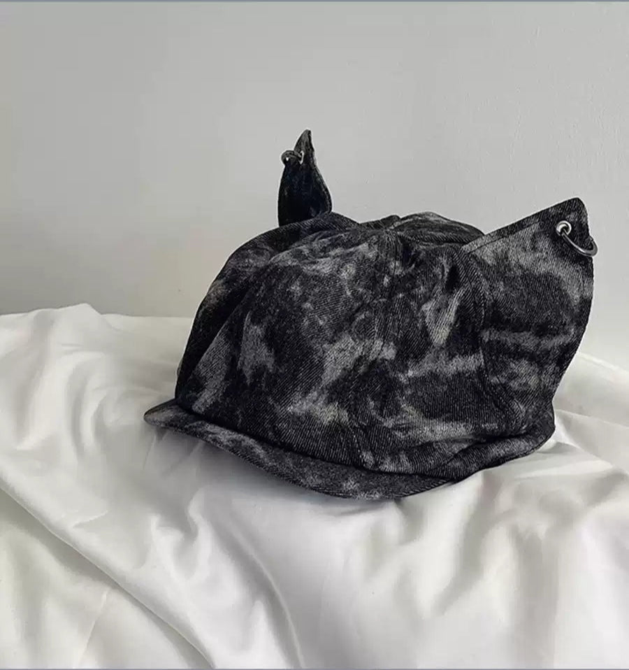 Trendy Cat Ear Denim Beret Hat - Edgy, Playful Design with Metal Rings, Durable and Stylish Statement Accessory for Street Style and Casual Outings for Women