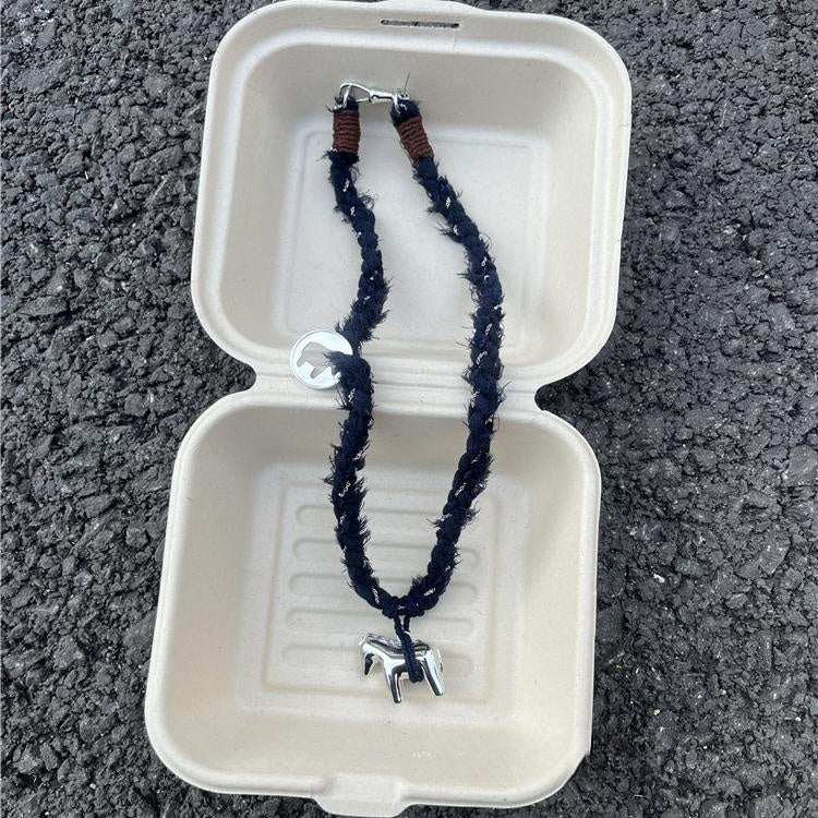 Original Denim Necklace with Braided Denim Cord and Metallic Horse Charm - Rustic, Bohemian Design Lightweight, Adjustable, Durable for Casual Wear, Festival Fashion, and Layered Accessorizing for Unisex