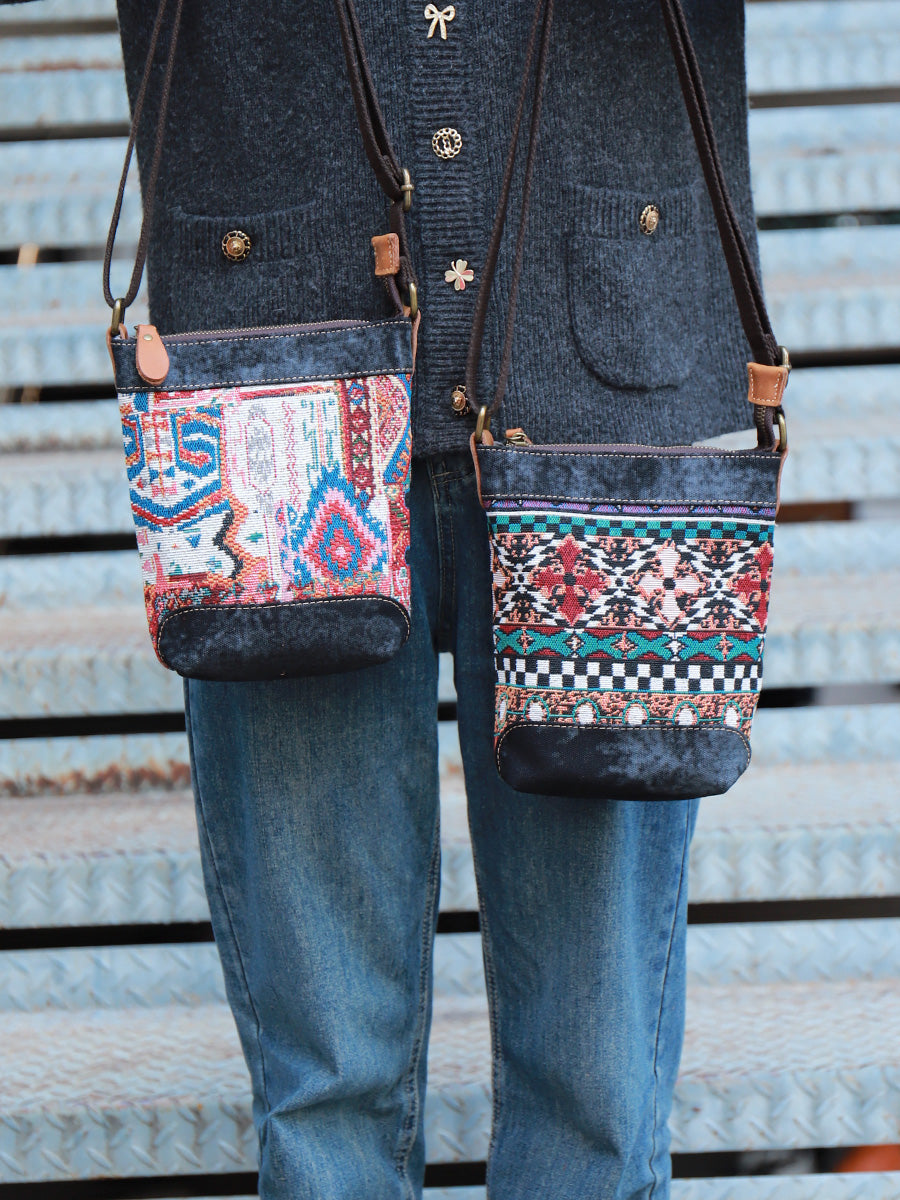 Original Woven Denim Crossbody Bag Design with Multicolored Woven Pattern and Leather Accents - Bohemian, Stylish for Casual Outings, Festivals, Travel, Ideal for Adding Trendy and Practical Style to Your Look for Women