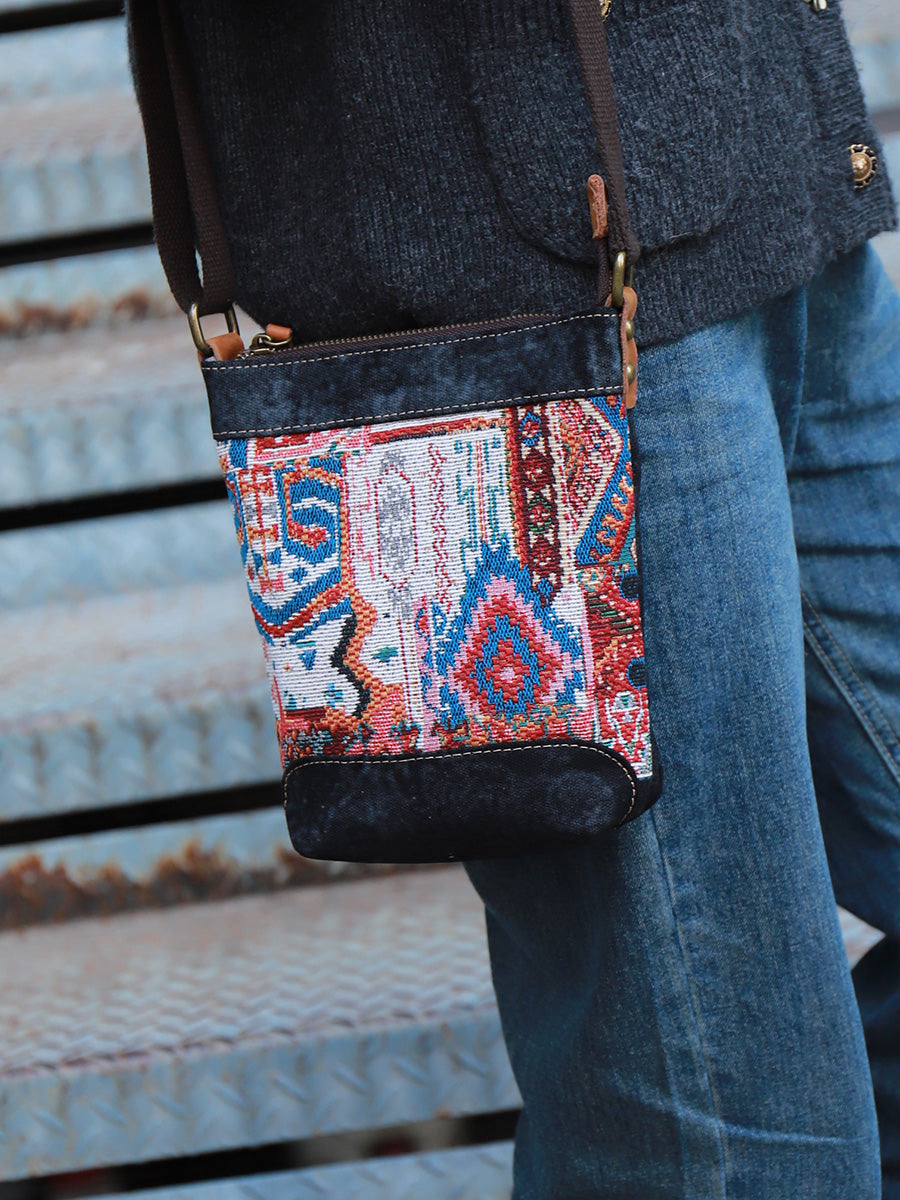Original Woven Denim Crossbody Bag Design with Multicolored Woven Pattern and Leather Accents - Bohemian, Stylish for Casual Outings, Festivals, Travel, Ideal for Adding Trendy and Practical Style to Your Look for Women