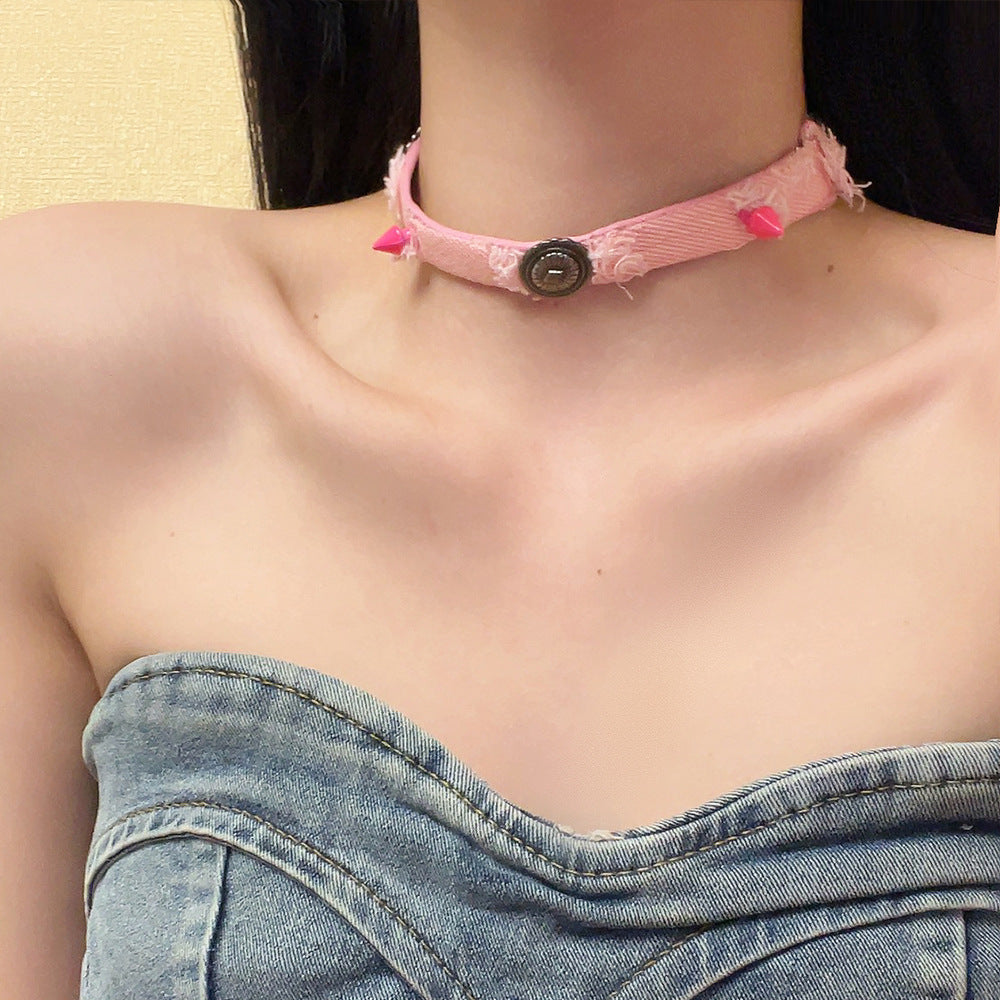 Original Distressed Denim Choker Necklace- Edgy Punk Style, Unique and Lightweight for Casual Wear for Women