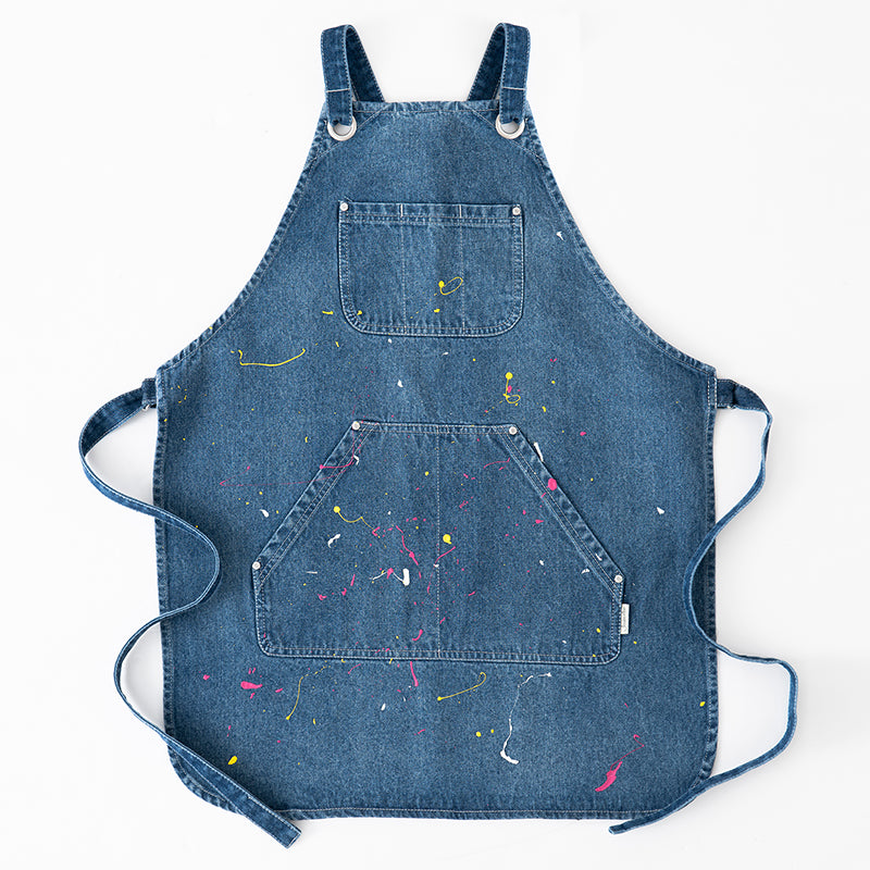 Original Denim Apron Design with Multiple Front Pockets and Colorful Paint Splatters - Practical, Creative for Crafting, Cooking, DIY Projects, Ideal for Protecting Clothes While Adding Style and Function for Unisex