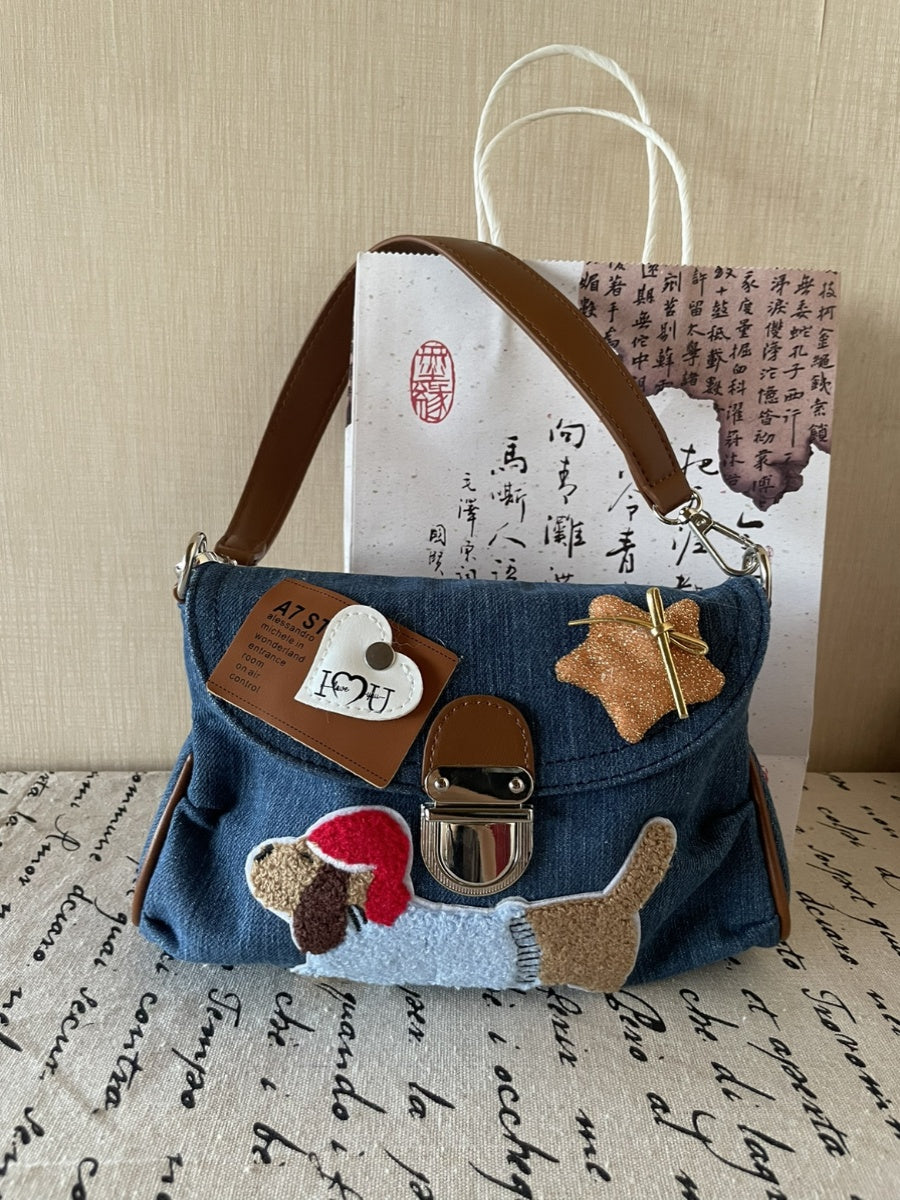 Original Denim Hand Bag with Dog Applique - Playful and Cute Design, Perfect for Daily Outings and Casual Activities for Women