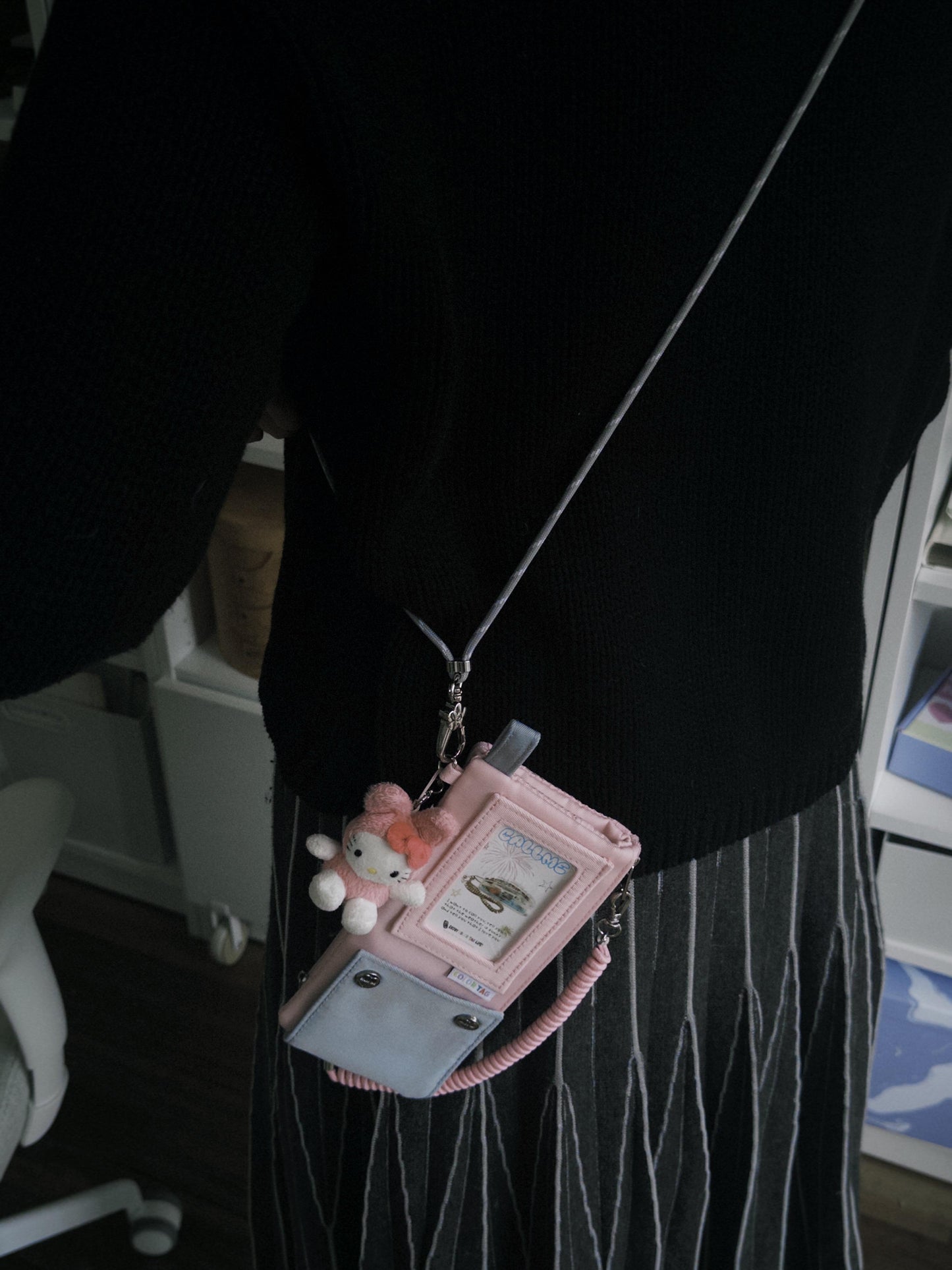 Trendy Crossbody Phone Card Holder with Pastel Pink and Blue Fabric, Plush Charm, and Clear ID Window - Kawaii, Practical, Stylish Design , Ideal for Daily Outings, Travel, and Casual Wear for Women
