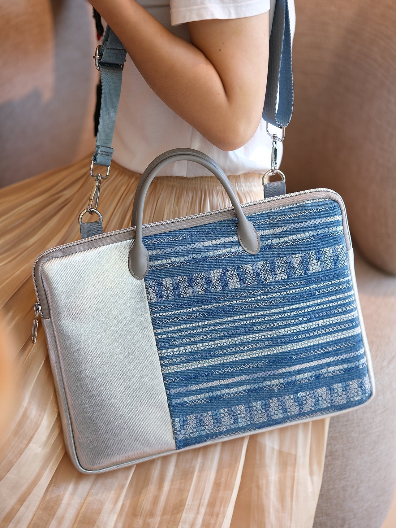 Denim fabric laminated with PU Original and Leather Laptop Bag Design with Silver Leather Accents and Textured Design - Stylish, Modern for Work, Travel, Daily Use, Ideal for Carrying Your Essentials in a Sleek and Trendy Way for Unisex