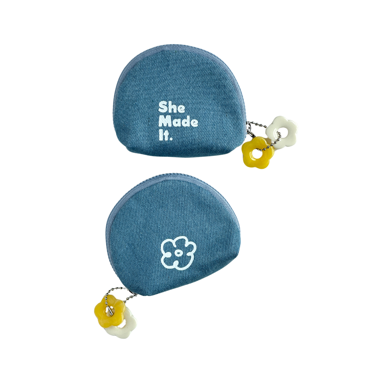Original Denim Storage Pouch with Light Blue Denim, Embroidered Text, and Flower Keychain Charm - Minimalist, Cute, Functional Style, Ideal for Storing Daily Essentials and Accessories for Women
