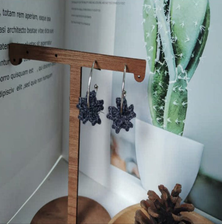 Original Crochet Flower Earrings Design with Dark Gray Crochet Flowers and Silver Hoop - Delicate, Artistic for Casual Wear, Art Events, Daily Wear, Ideal for Adding a Stylish and Unique Touch to Your Look for Women