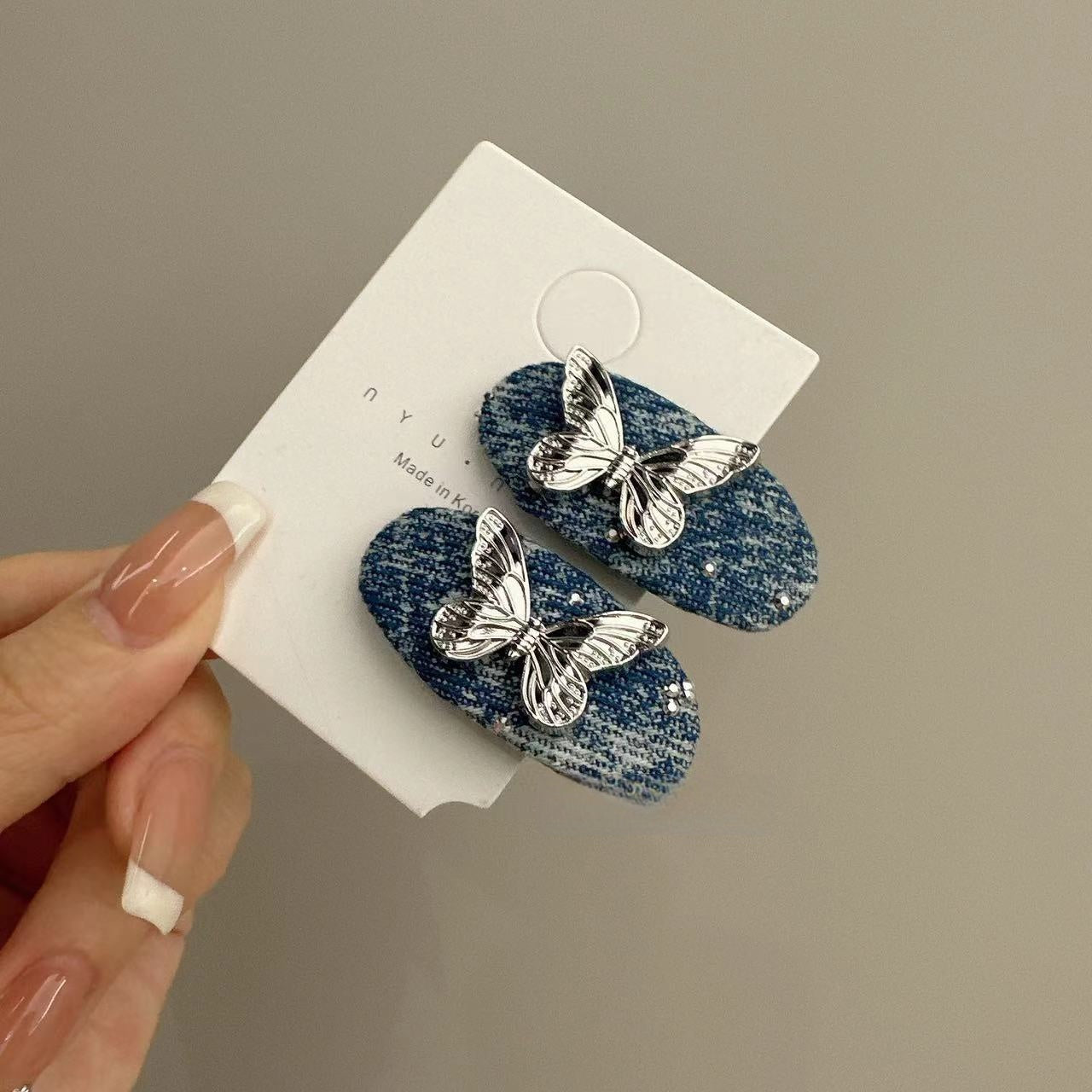 Original Denim Hair Clips Design with Blue Denim and Silver Butterfly Accents - Elegant, Trendy for Casual Wear, Hair Styling, Daily Use, Ideal for Adding a Stylish and Chic Accent to Your Hairstyling for Women