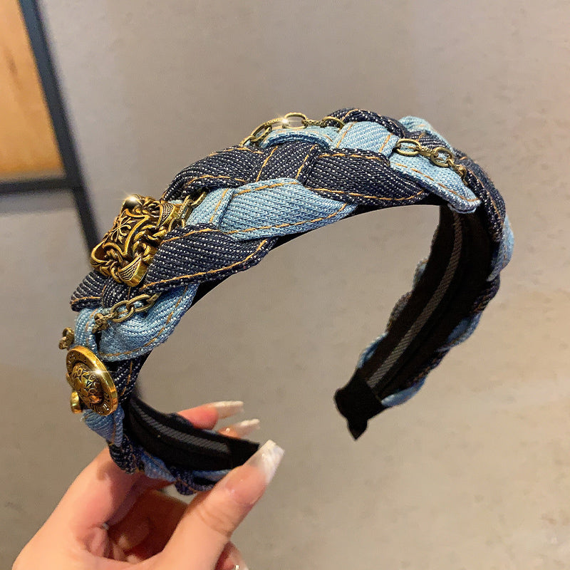 Original Denim Braided Headband Design with Antique Gold Chains and Metal Embellishments - Boho-Chic, Vintage for Casual Outings, Special Occasions, Daily Wear, Ideal for Adding a Stylish and Unique Touch to Your Hair for Women