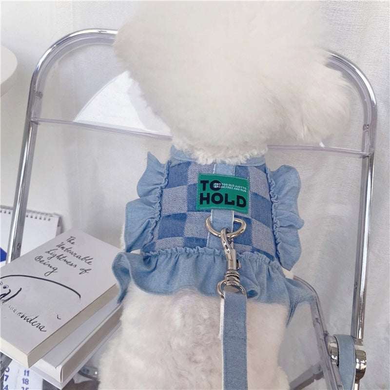 Original Denim Dog Harness with Ruffle Details - Cute and Playful Design, Ideal for Daily Walks and Casual Outings for Pets