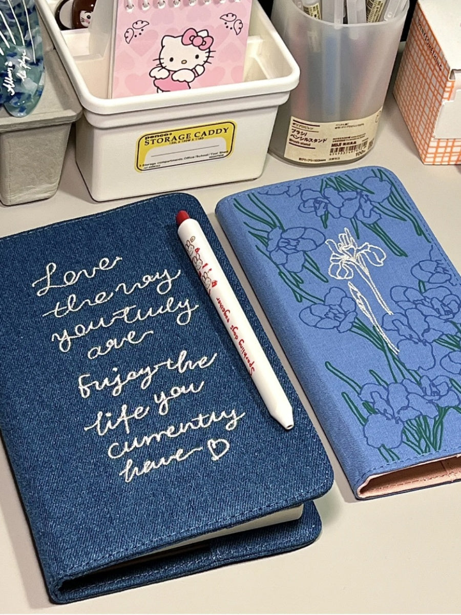 Original Denim Notebook Cover with Embroidered Denim and Floral Print Variations - Artistic, Elegant Design, Durable, Protective, Stylish for Study, Work, Journaling, and Creative Writing for Unisex