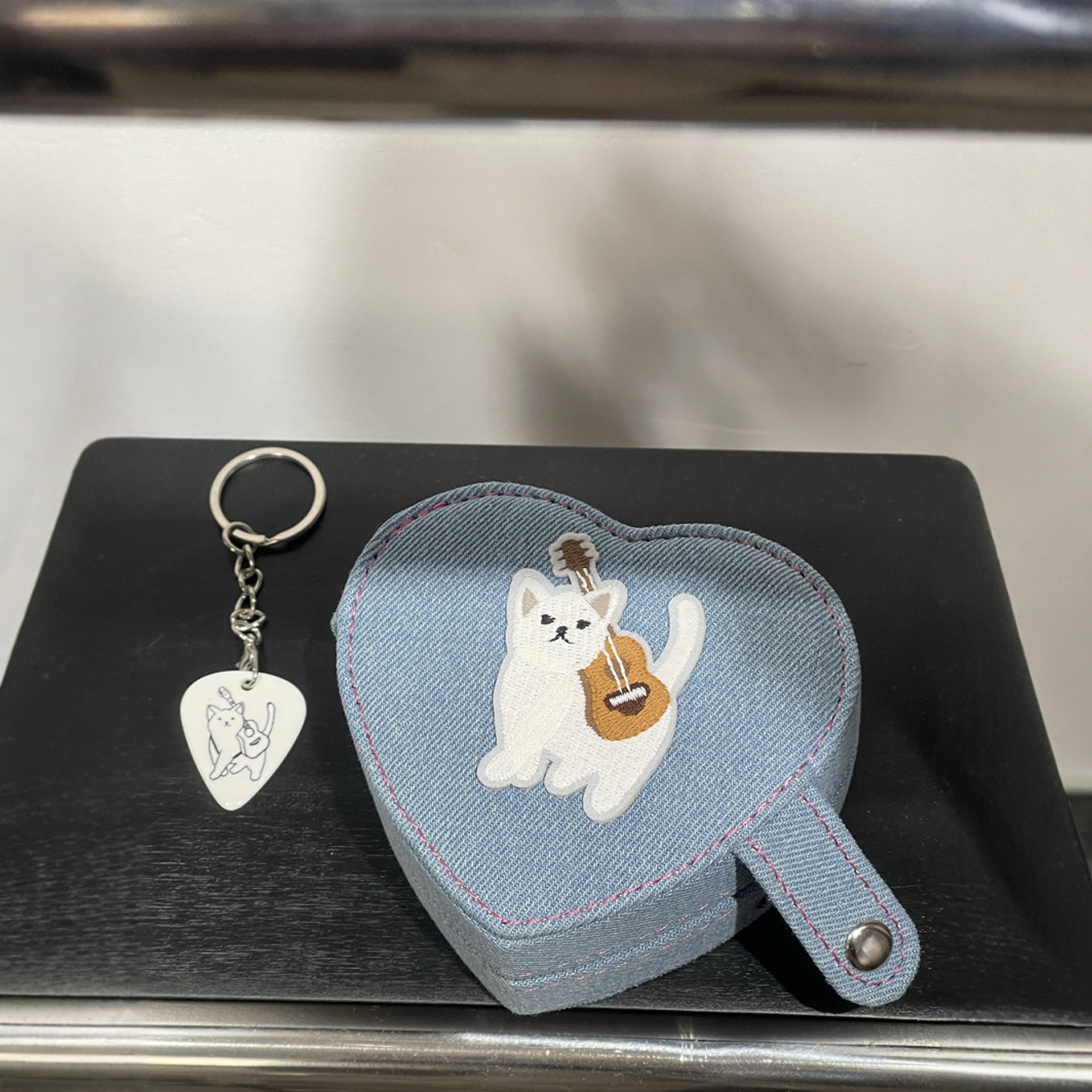 Original Denim Storage Bag Heart Pouch Design with Embroidered Cat Playing Guitar - Playful, Cute for Daily Use, Gifts, Accessories, Ideal for Keeping Small Essentials in a Fun and Adorable Way for Women