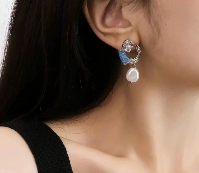 Original Denim Earrings Design with Blue Denim and Crystal Pearl Embellishments - Stylish, Elegant for Casual Outings, Special Occasions, Daily Wear, Ideal for Adding a Chic and Sophisticated Touch to Any Outfit for Women