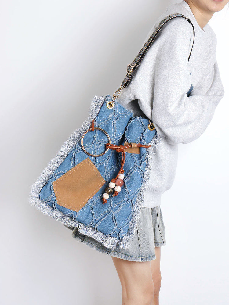 Original Denim Shoulder Bag Fringe Backpack Style with Tan Faux Suede Fringe Details - Bohemian, Vintage, Eclectic for Casual Outings, Festivals, Travel, Ideal for Spacious and Unique Style for Women