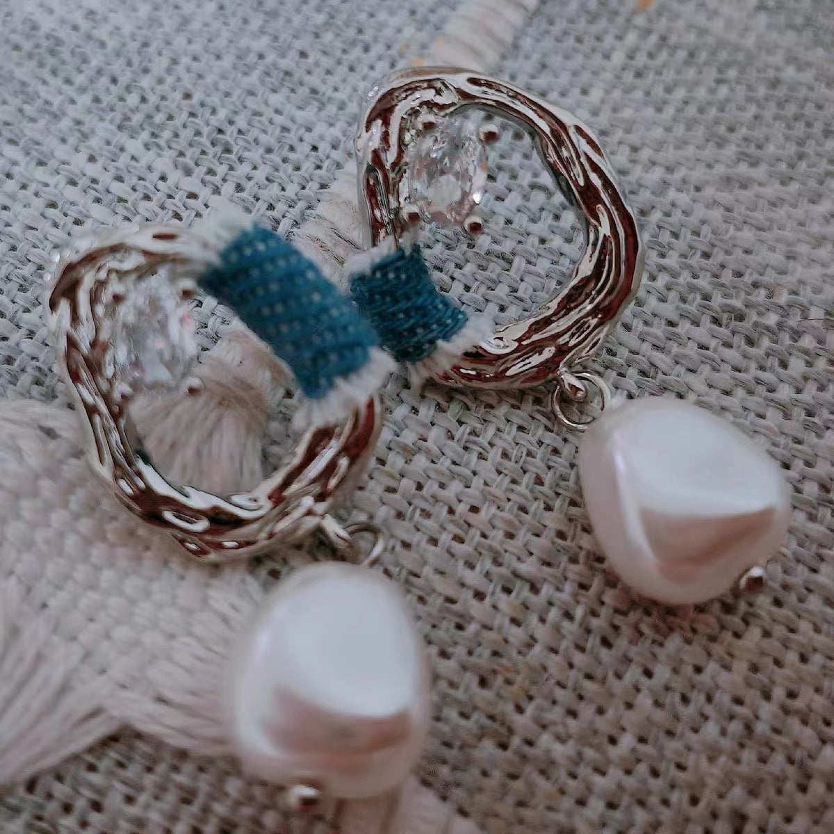 Original Denim Earrings Design with Blue Denim and Crystal Pearl Embellishments - Stylish, Elegant for Casual Outings, Special Occasions, Daily Wear, Ideal for Adding a Chic and Sophisticated Touch to Any Outfit for Women