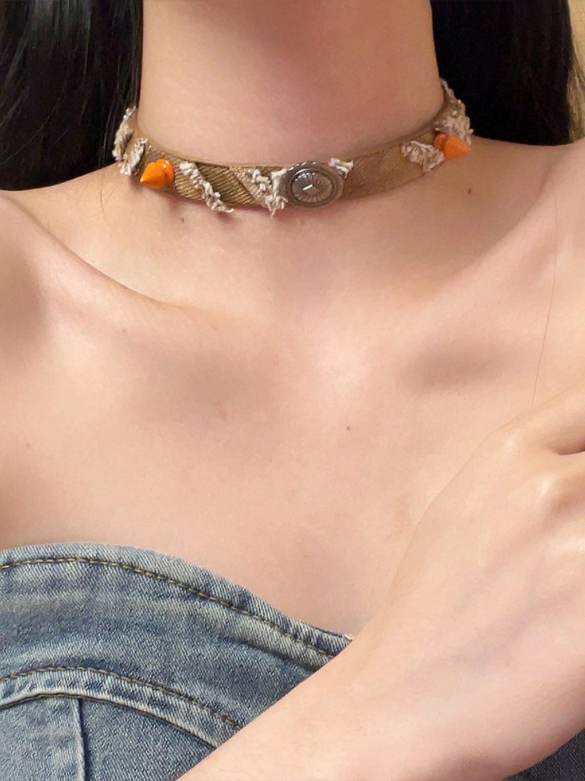 Original Distressed Denim Choker Necklace- Edgy Punk Style, Unique and Lightweight for Casual Wear for Women