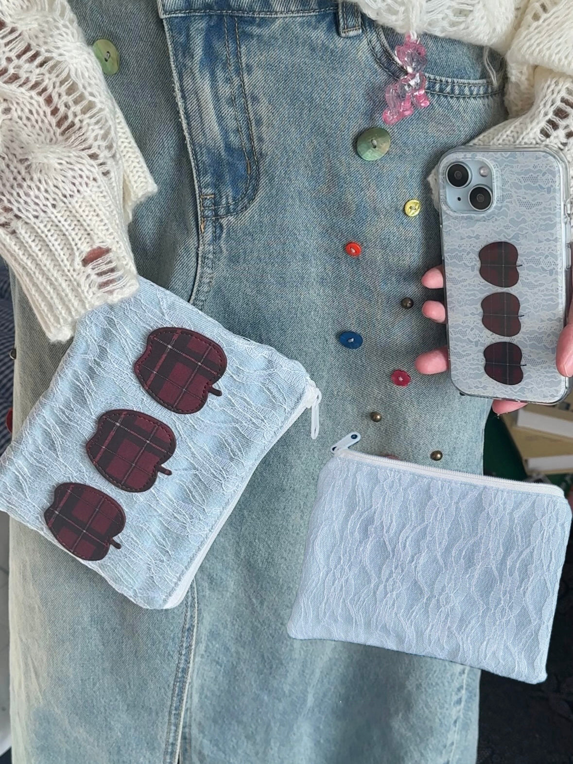 Original Pouch with Denim Fabric, Plaid Apple Embroidery, and Zip Closure - Casual, Vintage-Inspired Design, Perfect for Storing Makeup, Stationery, and Small Essentials for Women