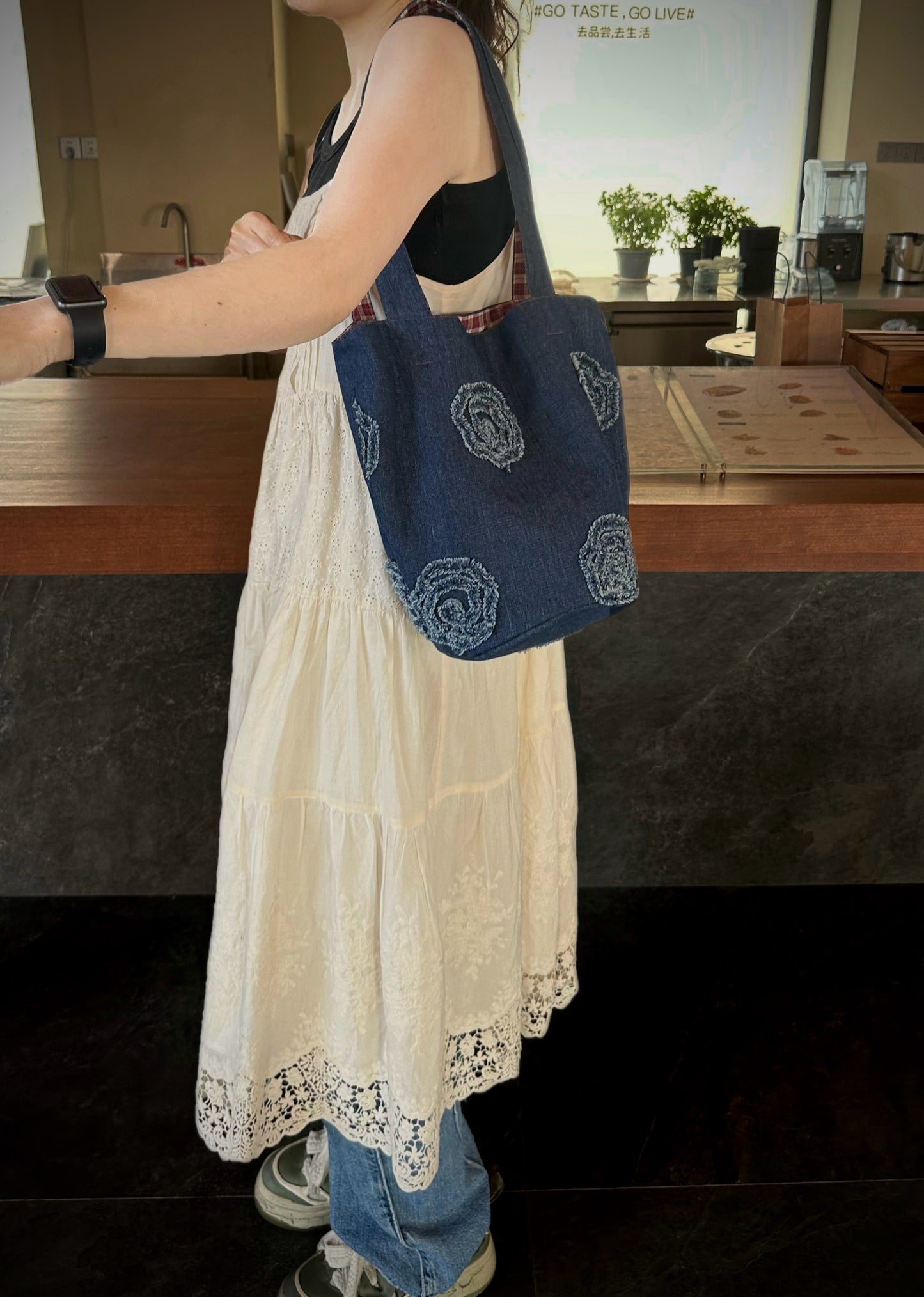 Trendy Denim Shoulder Bag with Blue Denim, Floral Frayed Denim Patches, and Gingham Lining - Casual, Stylish, Versatile Style ,Ideal for Shopping, Daily Use, and Casual Outings for Women