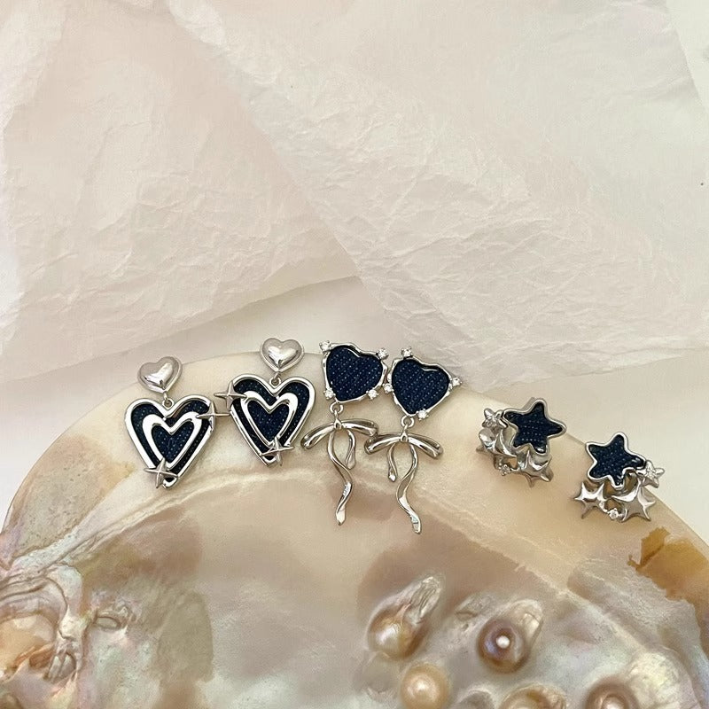 Original Denim Heart Earrings Design with Blue Denim Hearts and Silver Flower Accents - Cute, Trendy for Casual Outings, Special Occasions, Daily Wear, Ideal for Adding a Playful and Chic Look to Your Outfit for Women