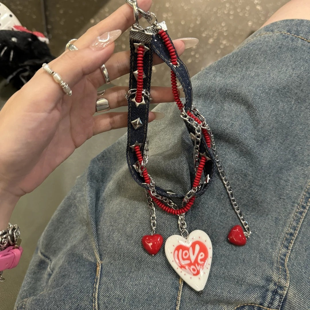 Original Denim Bracelet Design with Blue Denim, Red and Silver Chain Accents, and "Love" Heart Charm - Edgy, Romantic for Casual Wear, Gift, Parties, Ideal for Adding a Trendy and Expressive Accessory to Your Wrist for Women