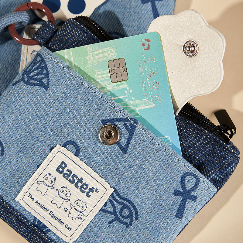 Original Denim Cat Paw Coin Purse Design with Cat Paw Patch and Egyptian-Inspired Prints - Cute, Playful for Everyday Use, Casual Outings, Gifting, Ideal for Keeping Small Essentials Organized with a Touch of Feline Charm for Unisex