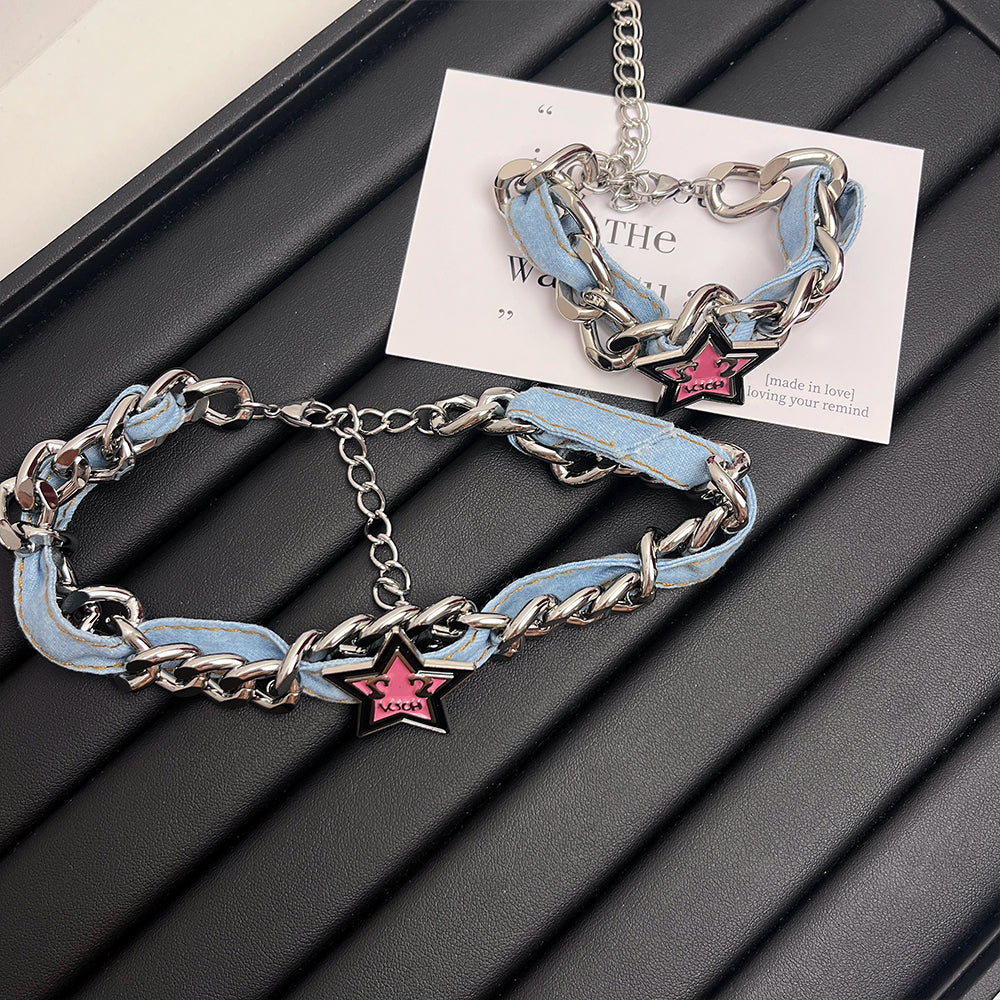 Original Denim Star Necklace and Bracelet Set Design with Silver Chain and Pink Star Charms - Trendy, Edgy for Casual Wear, Street Style, Fashion Accessories, Ideal for Adding a Bold and Stylish Touch to Your Outfit for Women