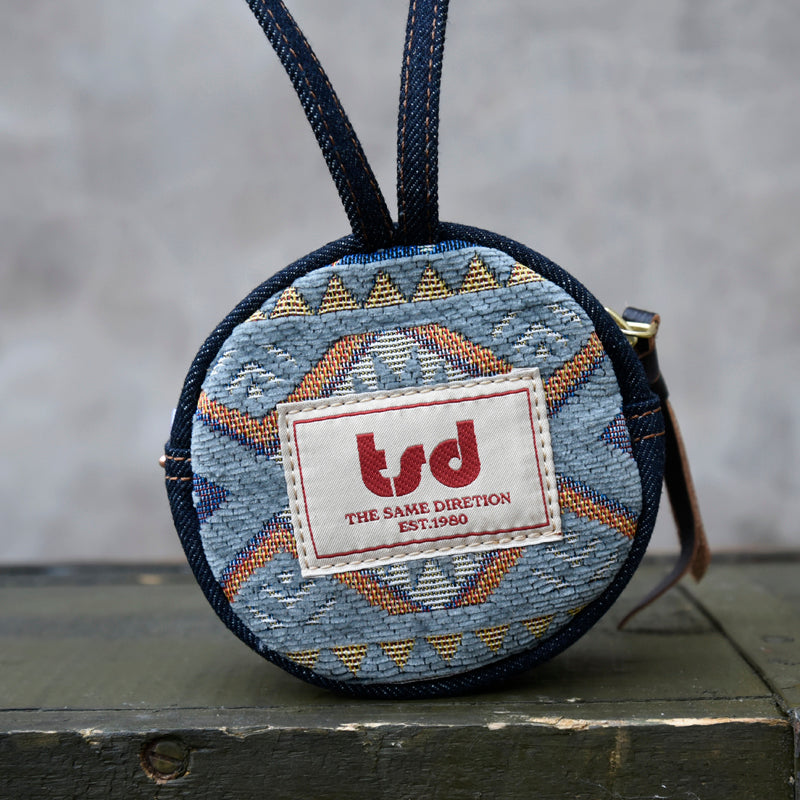 Original Denim Embroidered Round Wristlet Design with Intricate Geometric Embroidery - Bohemian, Artistic for Everyday Carry, Travel, Casual Outings, Ideal for Adding a Unique Handcrafted Touch to Your Essentials for Unisex