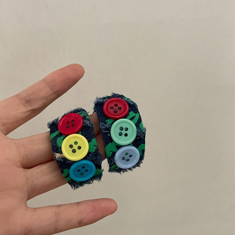 Original Denim Stud Earrings with Colorful Buttons - Playful and Trendy Design, Ideal for Daily Wear and Casual Outings for Women