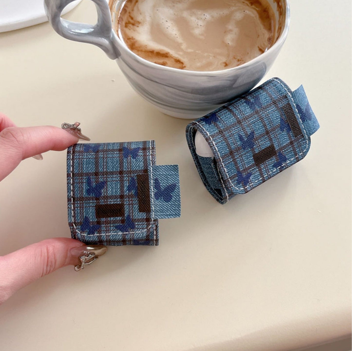 Original Denim Earphone Case with Blue Plaid Denim and Brown Rope Strap - Trendy, Protective, Functional Design for Everyday Use, Organizing, Key Storage, Ideal for Carrying Your Earphones in a Convenient and Stylish Way for Unisex