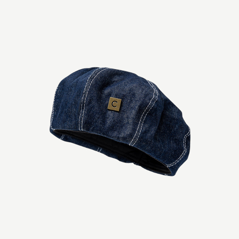 Trendy Denim Beret with Subtle Logo Patch - Casual, Simple Design, Lightweight and Comfortable for Casual Wear, Everyday Styling, and Outdoor Activities for Women