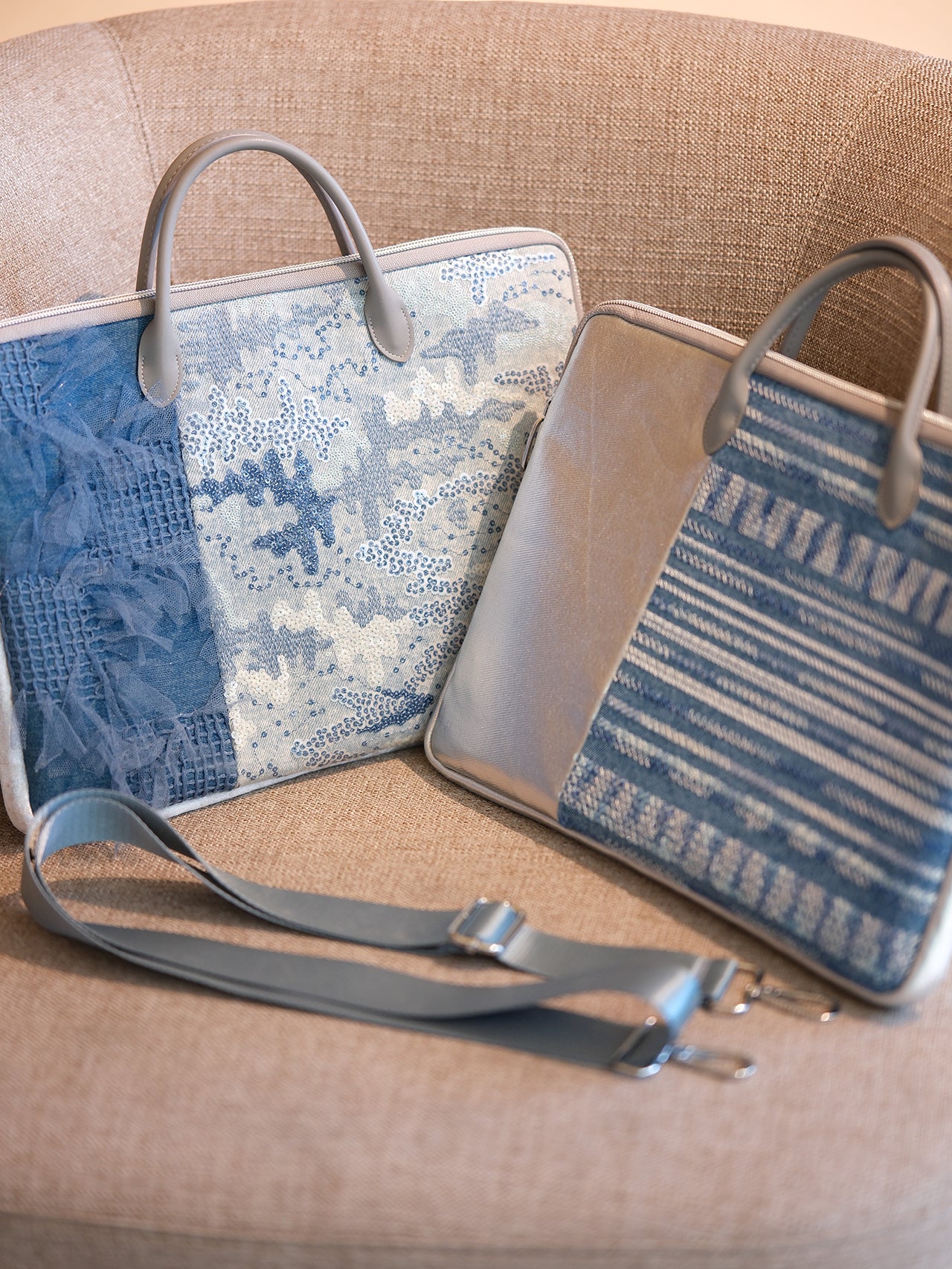Denim fabric laminated with PU Original and Leather Laptop Bag Design with Silver Leather Accents and Textured Design - Stylish, Modern for Work, Travel, Daily Use, Ideal for Carrying Your Essentials in a Sleek and Trendy Way for Unisex