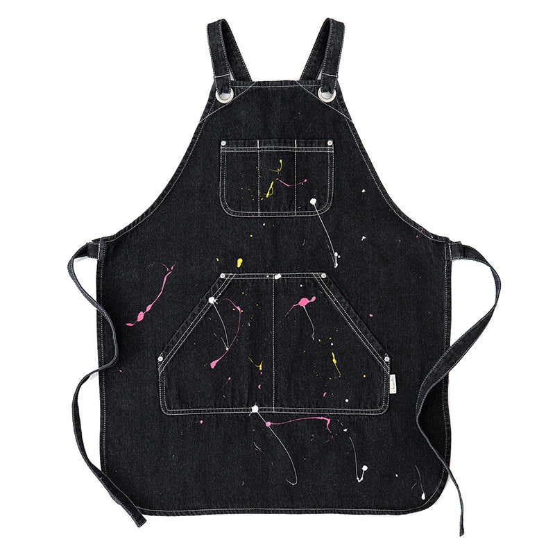Original Denim Apron Design with Multiple Front Pockets and Colorful Paint Splatters - Practical, Creative for Crafting, Cooking, DIY Projects, Ideal for Protecting Clothes While Adding Style and Function for Unisex