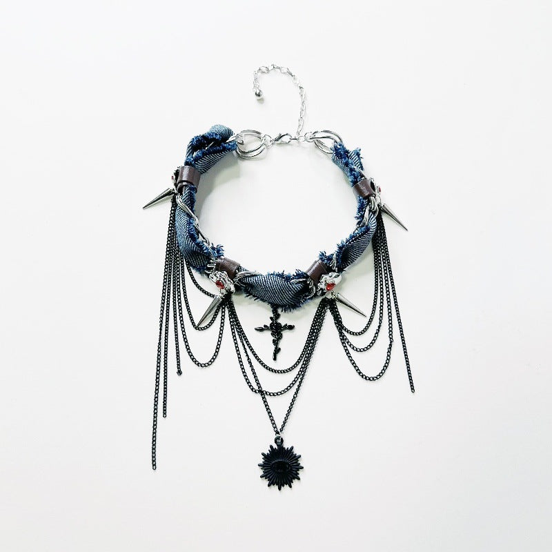Trendy Denim Chain Necklace with Spikes and Cross Pendant - Bold Design, Ideal for Evening Wear, Concerts, and Street Style for Women