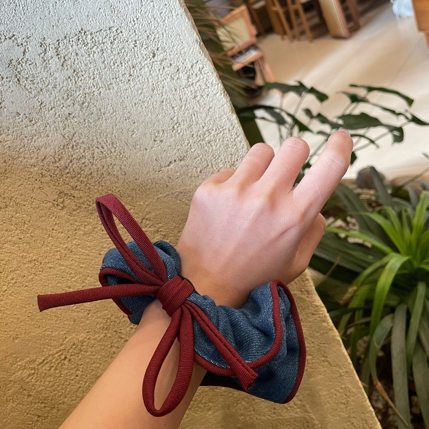 Original Denim Scrunchie with Burgundy Accent and Bow Tie - Trendy, Functional Design, Ideal for Daily Wear or Casual Outings for Women