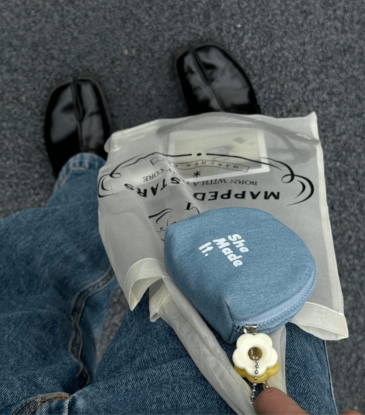 Original Denim Storage Pouch with Light Blue Denim, Embroidered Text, and Flower Keychain Charm - Minimalist, Cute, Functional Style, Ideal for Storing Daily Essentials and Accessories for Women