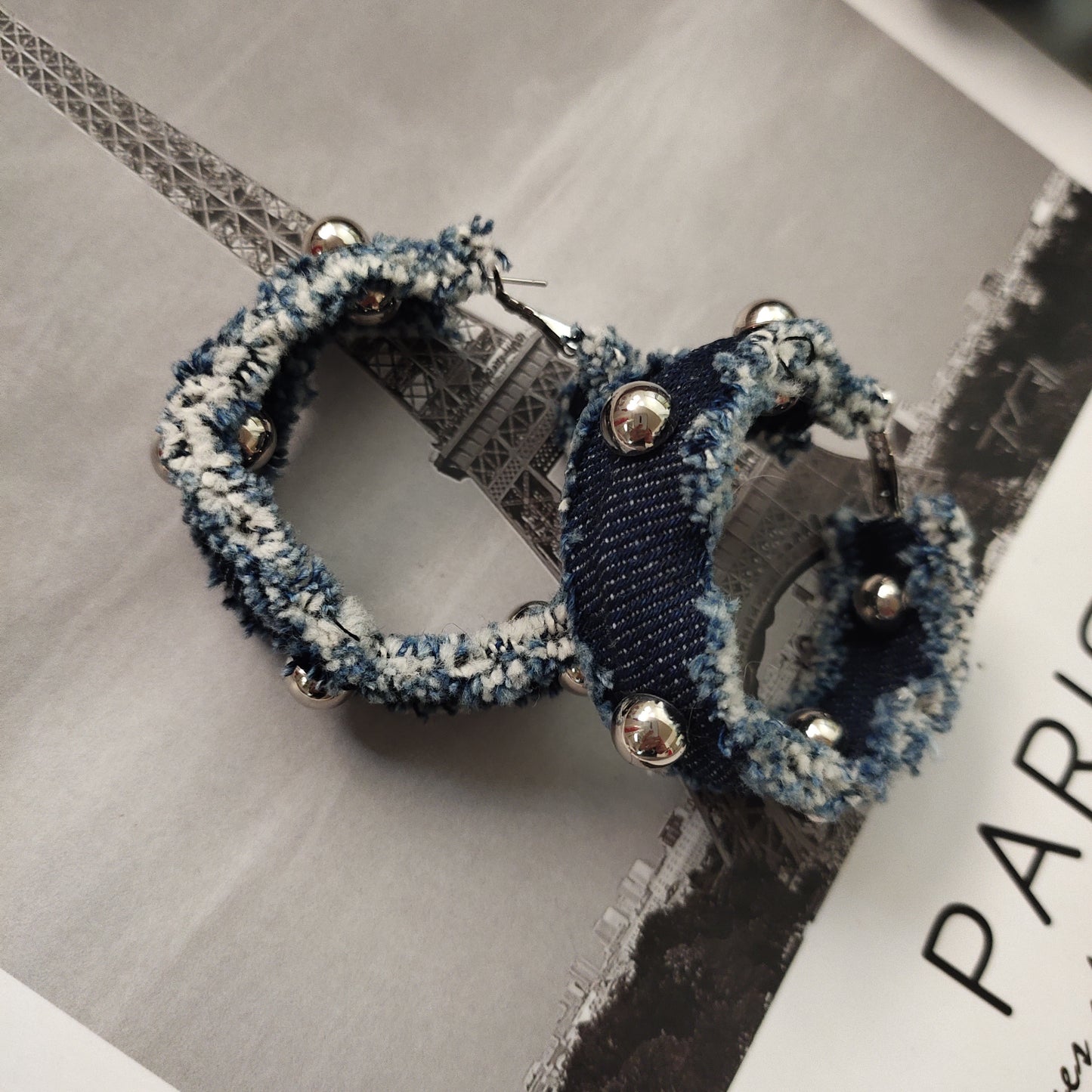 Original Denim Hoop Earrings Design Denim and Silver Ball Accents - Stylish, Minimalist for Casual Wear, Trendy Outfits, Daily Wear, Ideal for Adding a Chic and Lightweight Touch to Your Look for Women