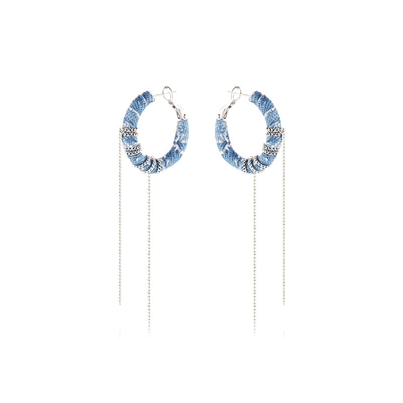 Original Denim Hoop Earrings Design with Blue Denim Wrapped Around Silver Chain and Hanging Silver Chains - Trendy, Edgy for Casual Wear, Fashion Accessories, Parties, Ideal for Adding a Stylish and Versatile Touch to Your Look for Women