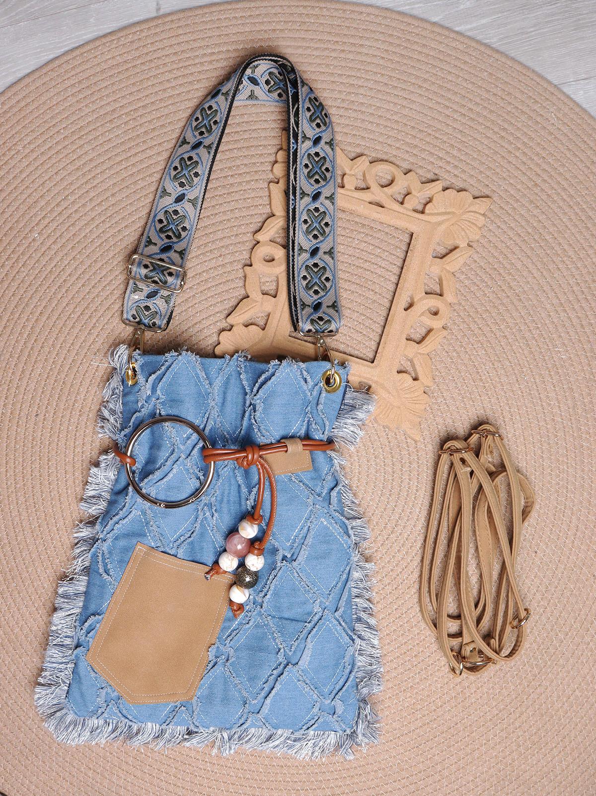 Original Denim Shoulder Bag Fringe Backpack Style with Tan Faux Suede Fringe Details - Bohemian, Vintage, Eclectic for Casual Outings, Festivals, Travel, Ideal for Spacious and Unique Style for Women