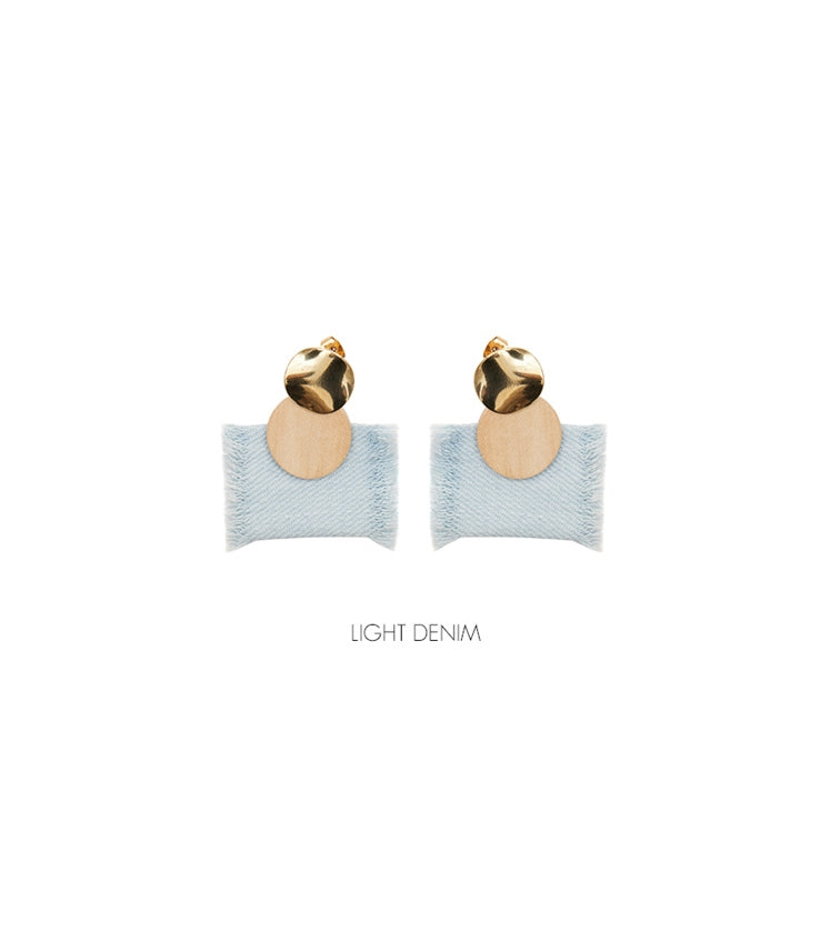 Original Denim and Gold Earrings with Frayed Edges and Leather Circle Design - Elegant, Trendy, and Sophisticated, Casual and Special Occasions for Women