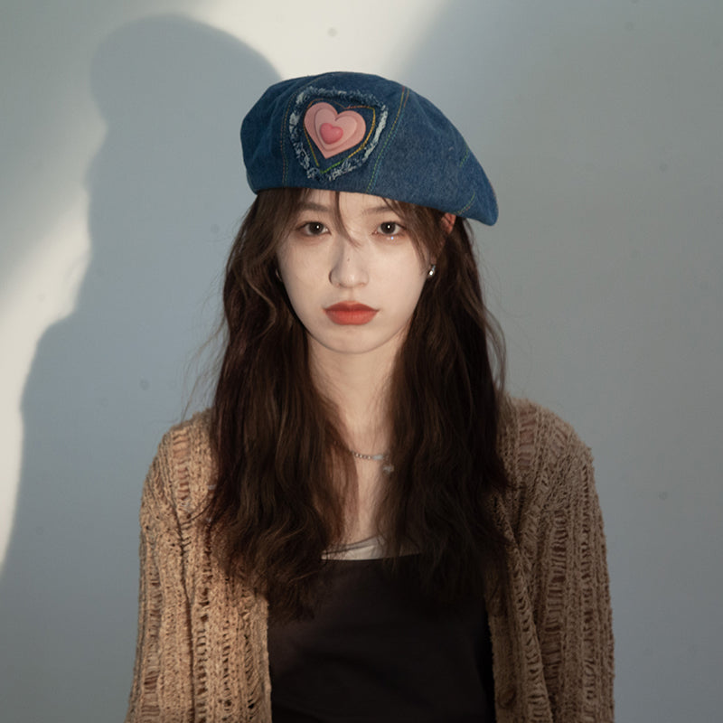 Trendy Blue Denim Beret with Distressed Heart Patch - Vintage, Chic Design, Lightweight and Stylish for Casual Outings, Chic Events, and Daily Wear for Women