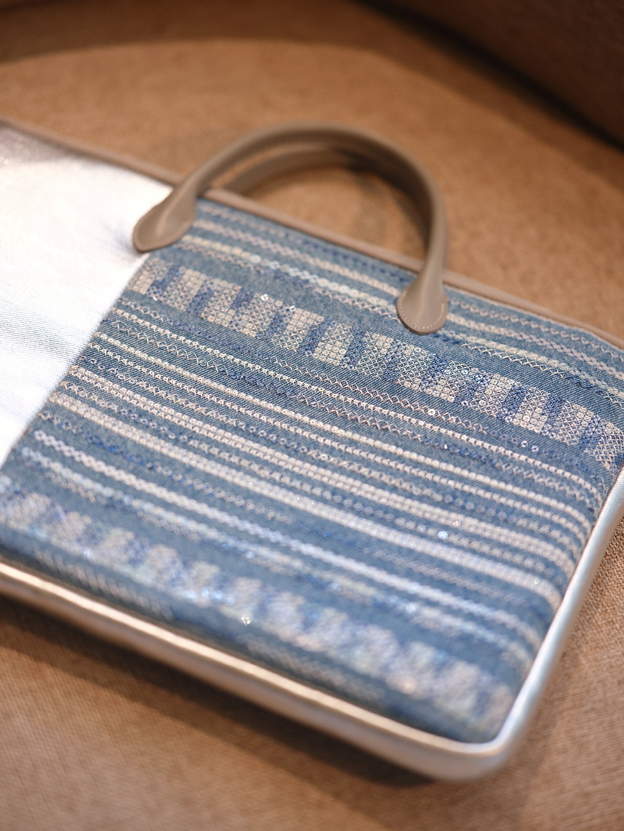 Denim fabric laminated with PU Original and Leather Laptop Bag Design with Silver Leather Accents and Textured Design - Stylish, Modern for Work, Travel, Daily Use, Ideal for Carrying Your Essentials in a Sleek and Trendy Way for Unisex