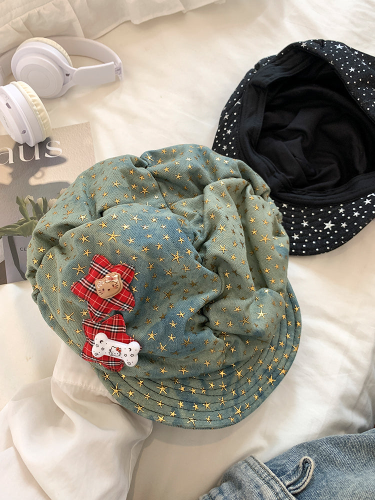Trendy Starry Denim Beret Cap with Cute Bear Patch - Fashionable and Playful Design for Young Women