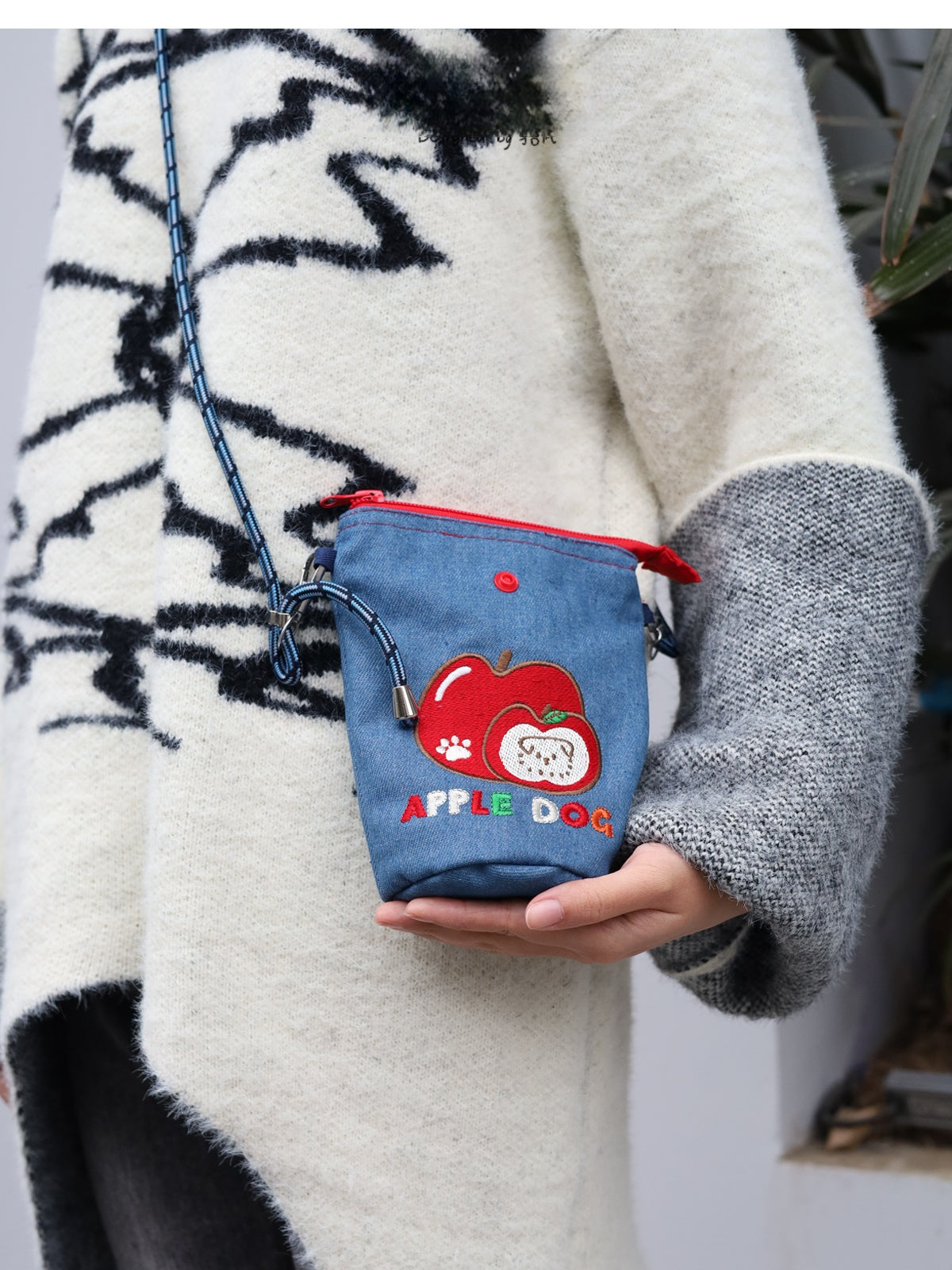 Original Denim Crossbody Pouch Design with Blue Denim, Red Gingham Top, and Apple Dog Embroidery - Playful, Cute for Daily Outings, Pet Accessories, Casual Use, Ideal for Keeping Pet Essentials Practical and Adorable for Women