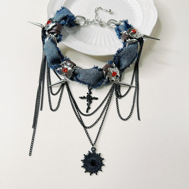 Trendy Denim Chain Necklace with Spikes and Cross Pendant - Bold Design, Ideal for Evening Wear, Concerts, and Street Style for Women