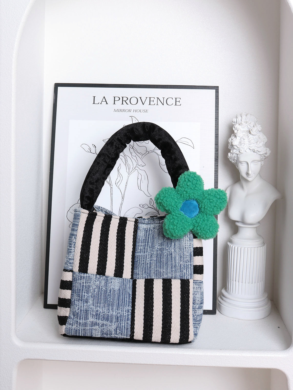 Original Denim Patchwork Handbag Design with Mixed Denim and Striped Fabric - Artistic, Eclectic for Casual Outings, Creative Styling, Statement Accessory, Ideal for Adding a Bold and Unique Touch to Any Outfit for Women