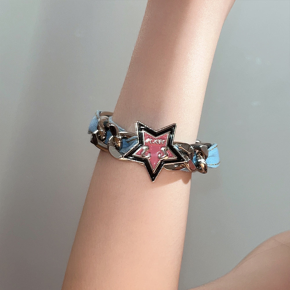 Original Denim Star Necklace and Bracelet Set Design with Silver Chain and Pink Star Charms - Trendy, Edgy for Casual Wear, Street Style, Fashion Accessories, Ideal for Adding a Bold and Stylish Touch to Your Outfit for Women