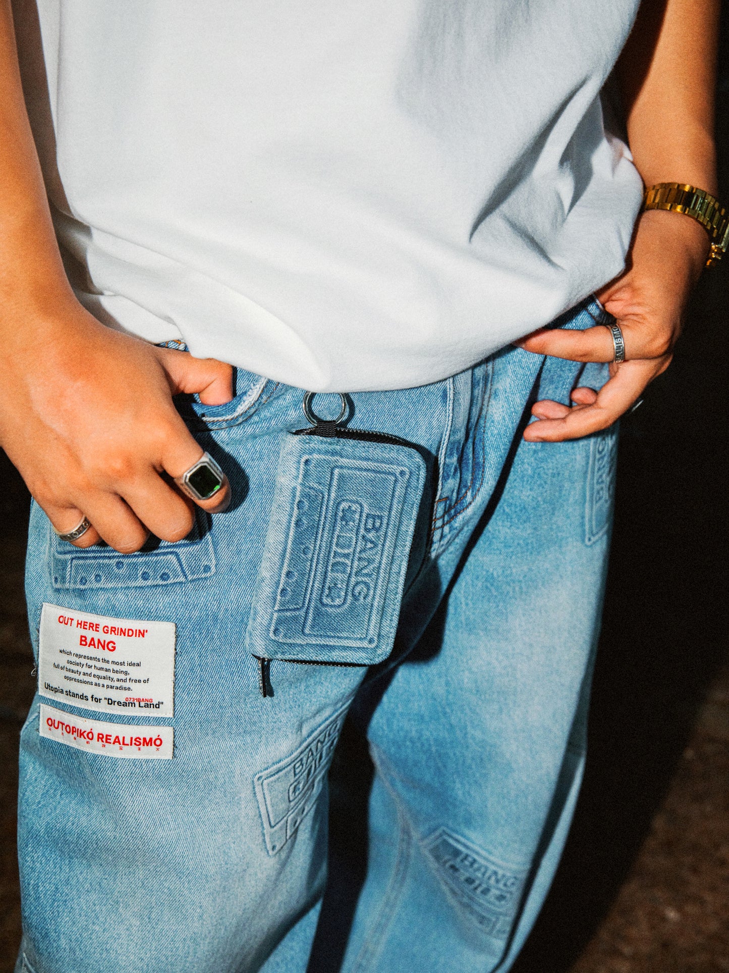 Original Wallet Pouch with Blue Denim and Embossed "BANG" Branding - Edgy, Urban, Modern Style, Compact, Durable, Stylish for Streetwear and Everyday Use for Men